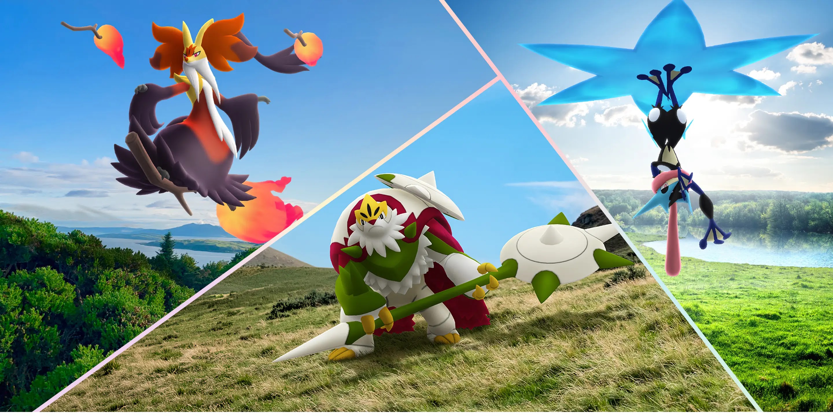 Chespin, Fennekin en Froakie met Mega Evolutions tijdens Mega Finale