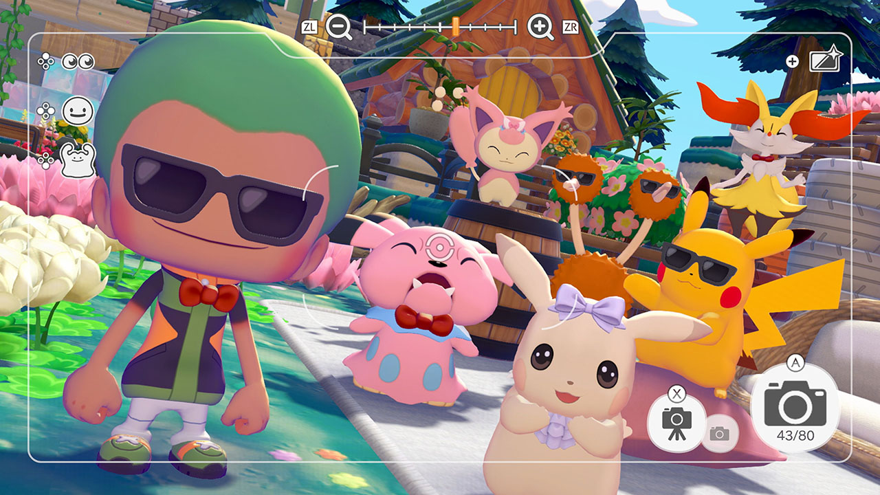 Ditto takes a photo with Pikachu, Skitty and other Pokémon wearing sunglasses, ribbons and bow ties in Pokémon Pokopia