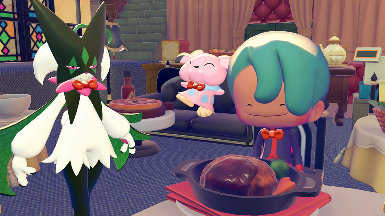 Meowscarada, Ditto and another neighbour wear bow ties in Pokémon Pokopia