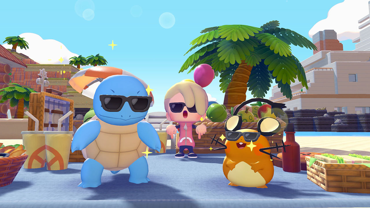 Squirtle and Dedenne pose in sunglasses beside Ditto in Pokémon Pokopia