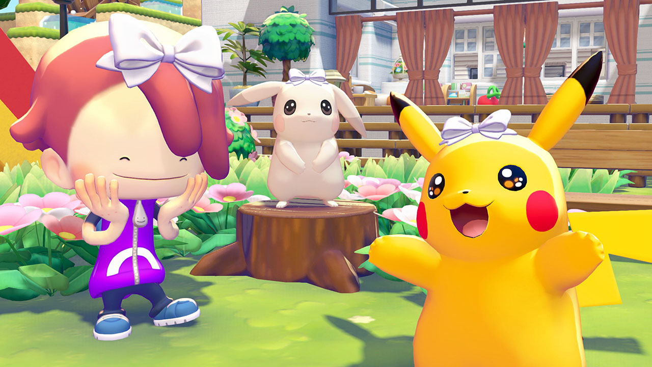 Pikachu and a neighbour wear matching white ribbons as accessories in Pokémon Pokopia