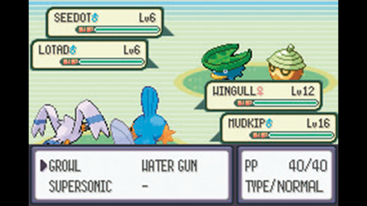 Double battle featuring Wingull and Mudkip in an official Pokémon Ruby and Sapphire screenshot